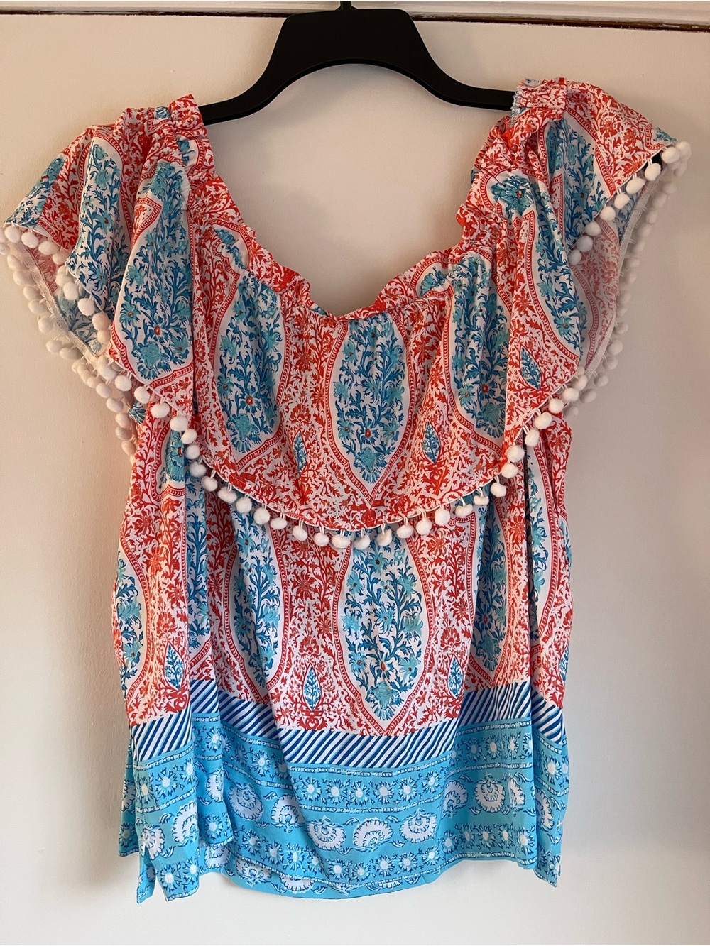 crown & ivy Coral and Blue Pom-Pom Off-Shoulder Tunic